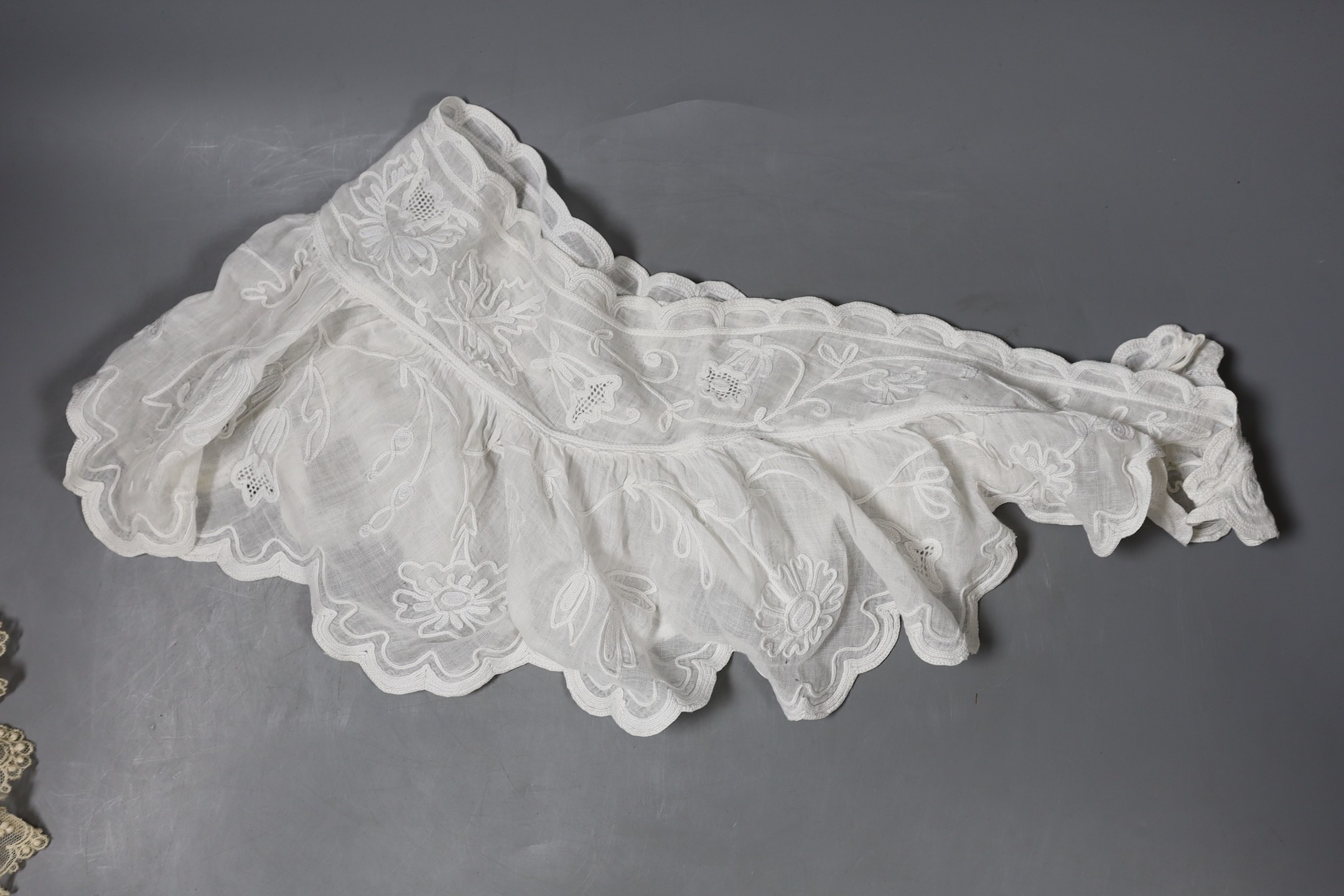 Two wide white worked frilled 19th century collars, a fine Scottish Ayrshire collar, two white worked monogrammed hankies, a later satin and cream machine lace collar etc